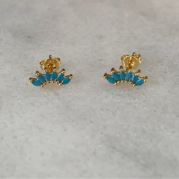 Gold Turquoise Crystal Leaf Arch Earrings Brand New - Picture 2 of 4